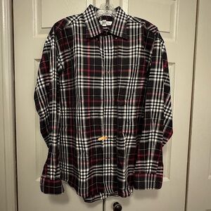 Enro Men’s Black & White Plaid Long Sleeve Shirt with Red Stripe